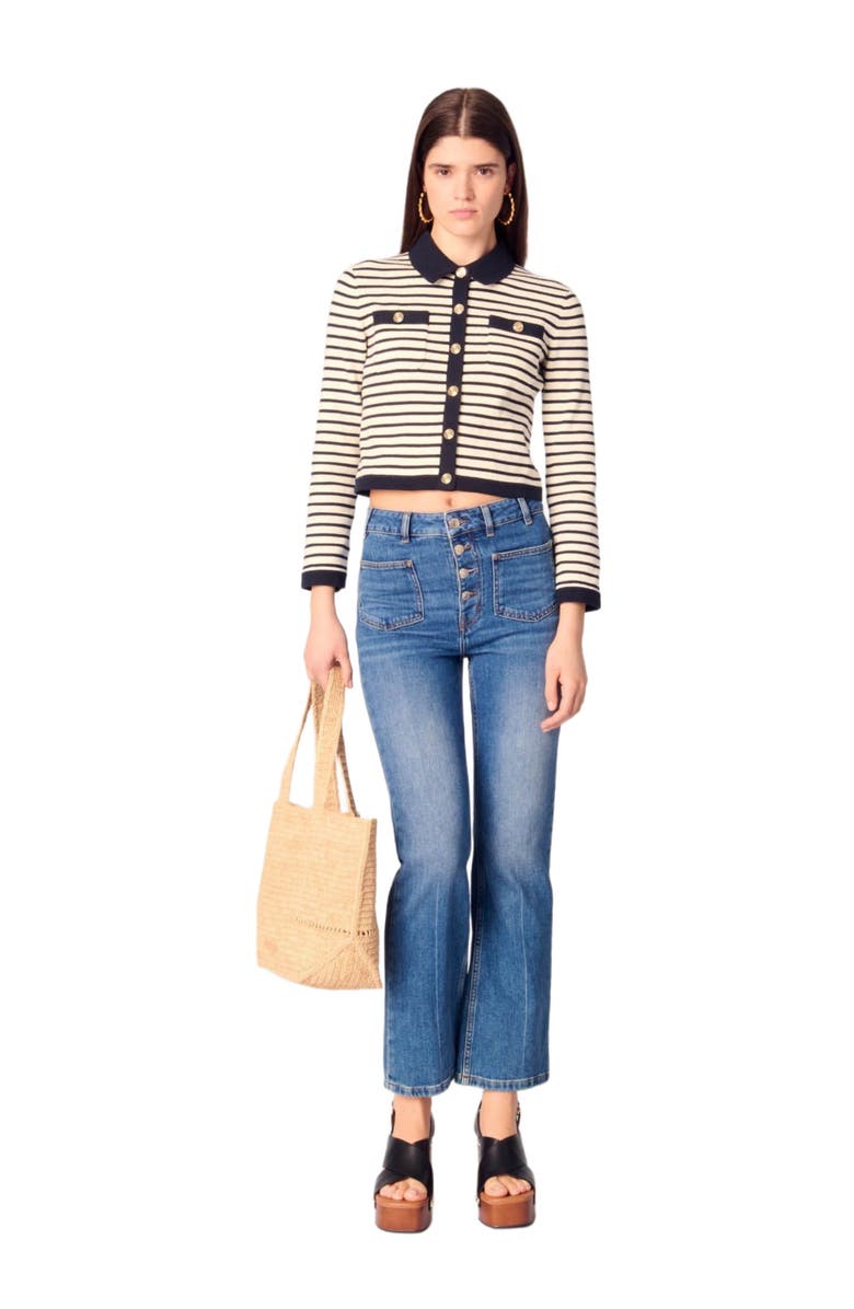 maje Cropped rib knit cardigan, Main, color, Navy / Ecru