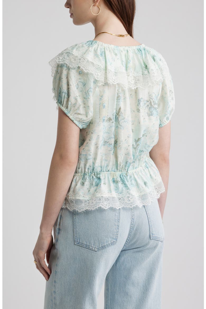 Lace Trim Puff Sleeve Peplum Top, Alternate, color, BLUE WALLPAPER COLLAGE