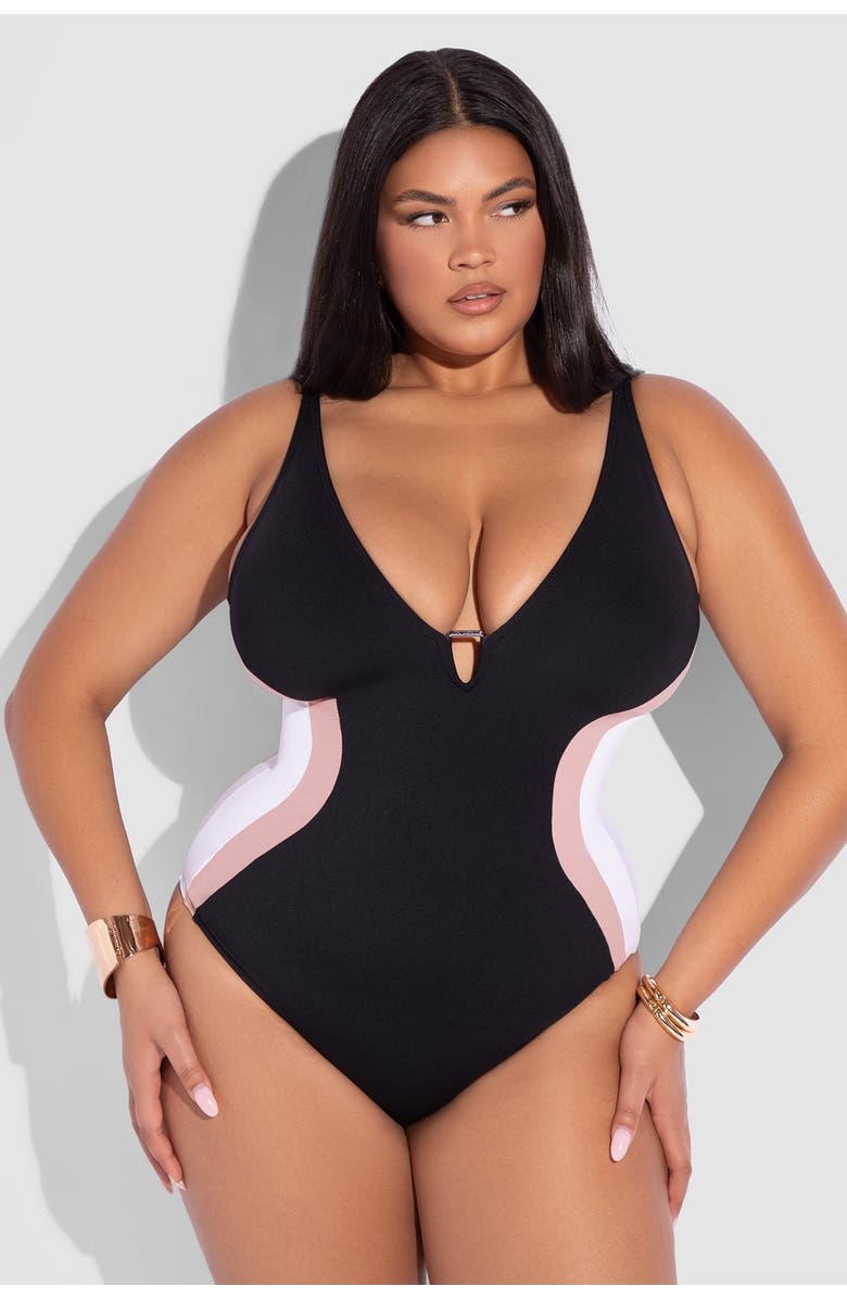 TA3 Mega Sculpting Plunge Neck Triangle Detail One-Piece Swimsuit, Alternate, color,