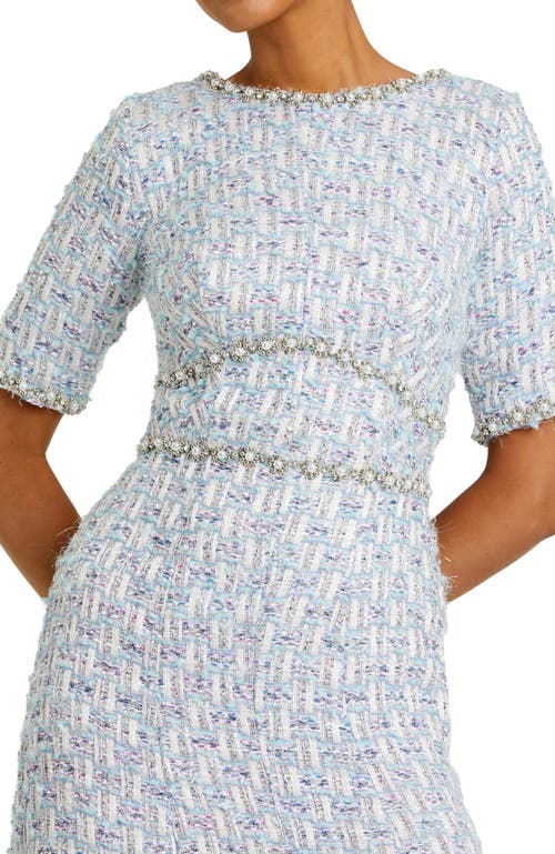 Mac Duggal Embellished Illusion Flounce Sleeve Tea Length Dress In Blue Multi