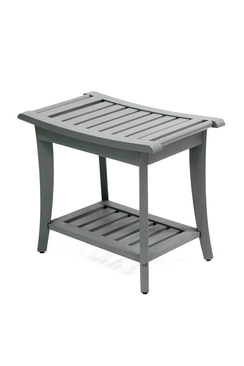 Tucker Modern Acacia Wood Shower Bench with Storage Shelf, Water-Resistant 2-Tier Spa Bath Stool for Bathroom and Outdoor Use, Main, color, Gray