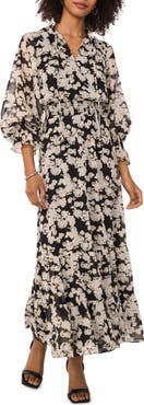 Vince Camuto Bead Detail Floral Long Sleeve Maxi Dress