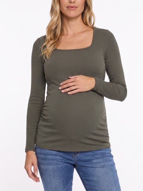 Square Neck Rib Knit Long Sleeve Tee