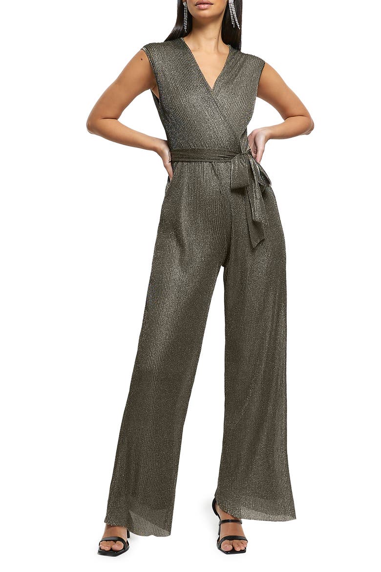 Metallic Straight Leg Plissé Jumpsuit, Main, color, BRONZE