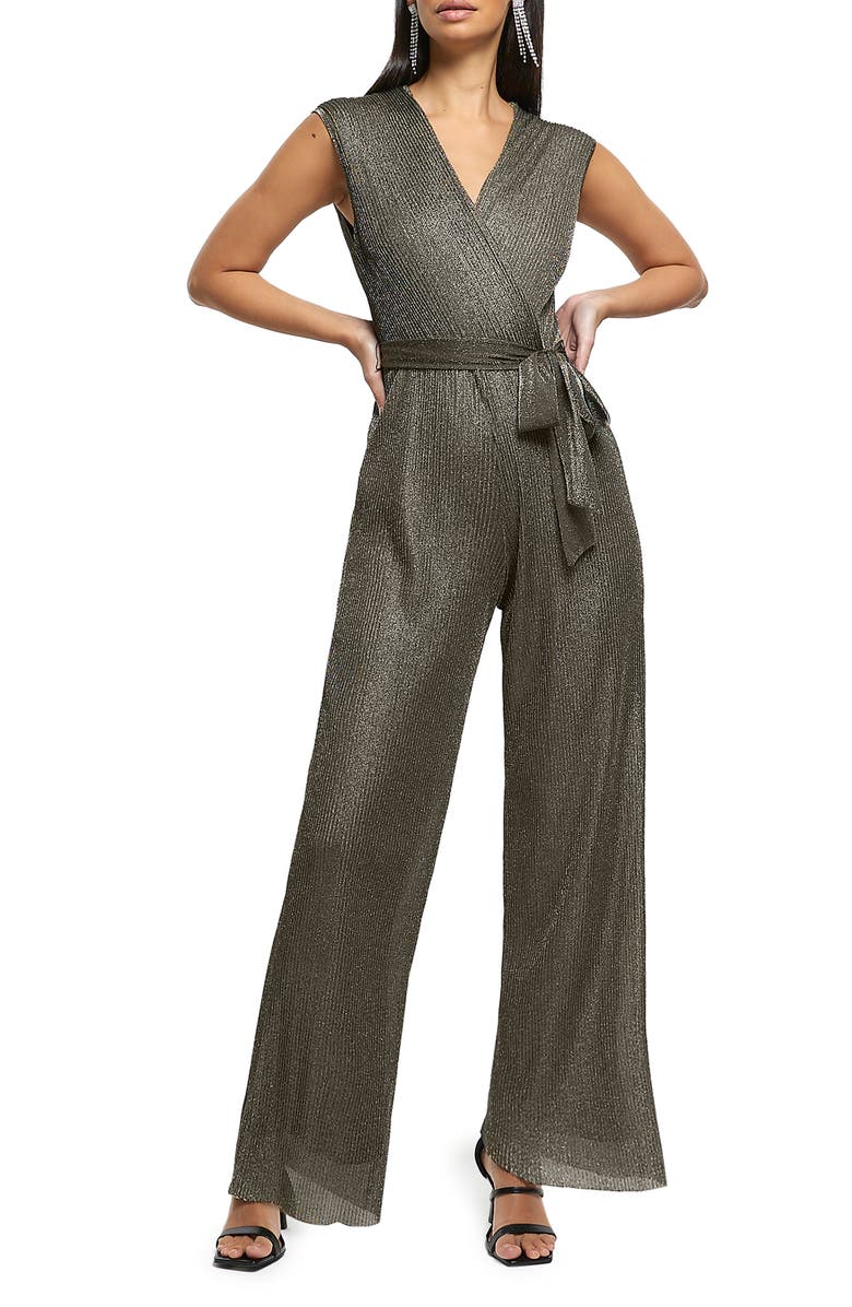 River Island Metallic Straight Leg Plissé Jumpsuit, Main, color, Bronze