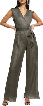 River Island Metallic Straight Leg Plissé Jumpsuit