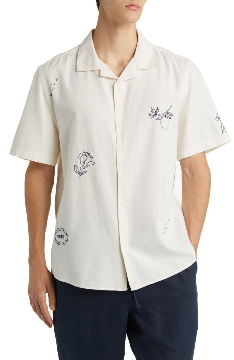 Wax London Didcot Embroidered Cotton & Linen Camp Shirt, Main, color, 