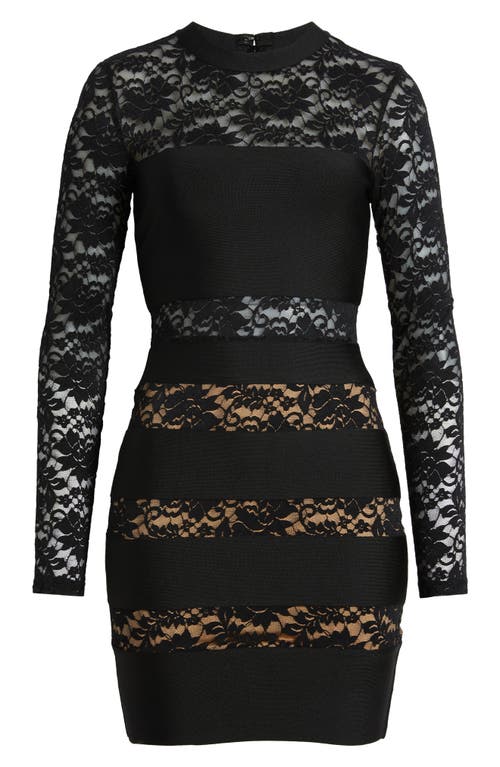 Bebe Illusion Lace Long Sleeve Bandage Minidress In Black