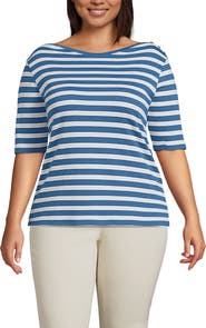 Lands' End Supima Cotton Elbow Sleeve Boatneck Button Shoulder Tee