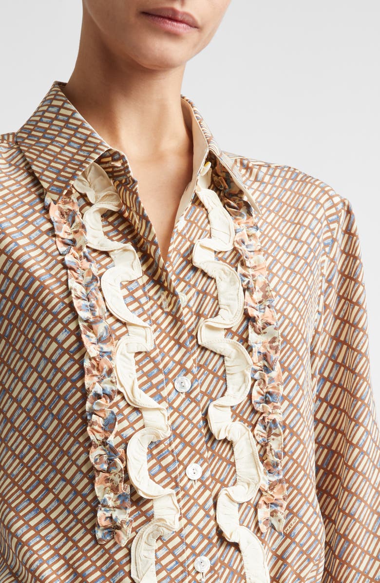 Marni Ruffle Appliqué Silk Crêpe de Chine Button-Up Shirt, Alternate, color, Brown/ Antique White