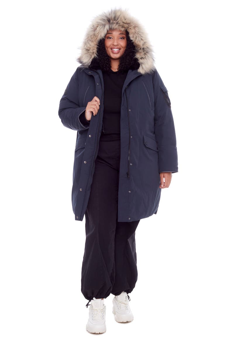 Laurentian Plus Size - Vegan Down Long Winter Parka with Faux Fur Hood, Main, color, NAVY