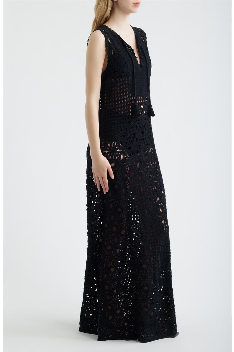 The Postcard Tie Neck Crochet Maxi Dress, Alternate, color, BLACK