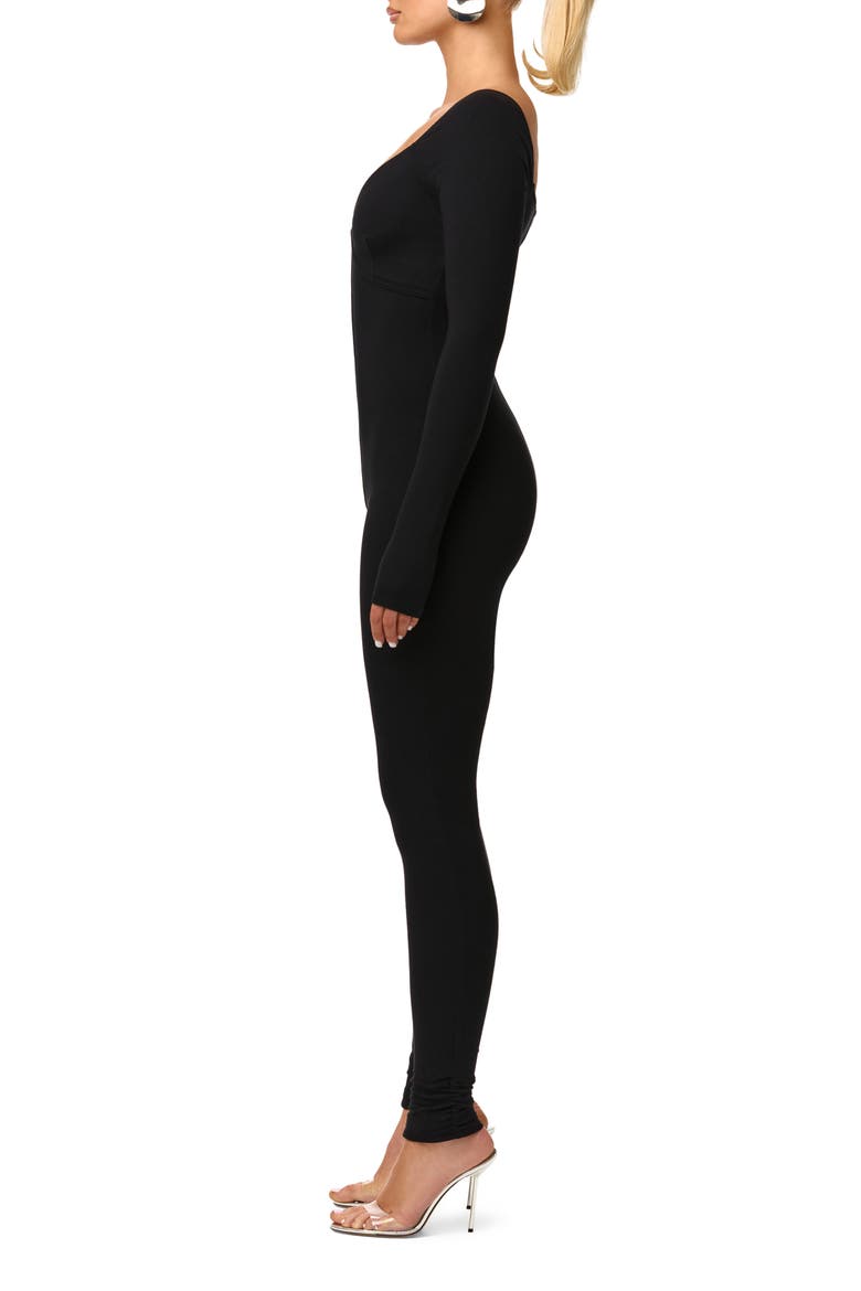 Faux Bustier Ribbed Long Sleeve Jumpsuit, Alternate, color, BLACK
