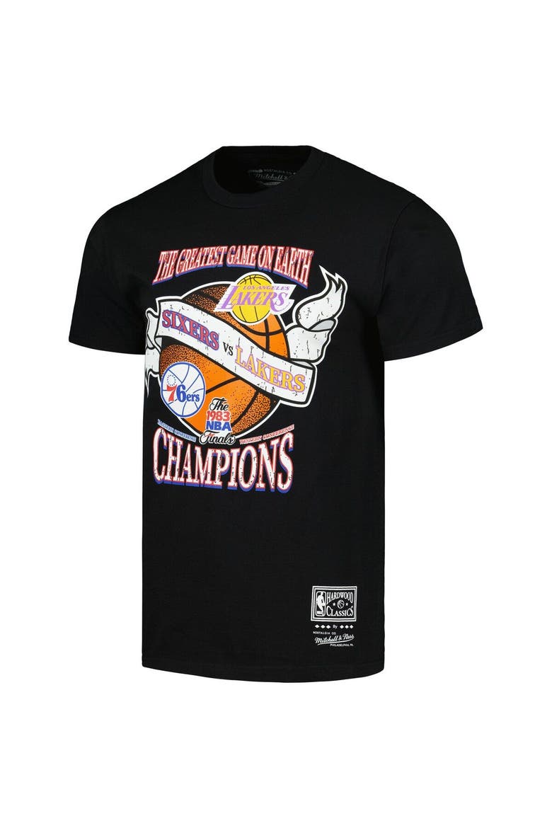 Men's Mitchell & Ness Black Philadelphia 76ers vs. Los Angeles Lakers Hardwood Classics 1983 NBA Finals Champions Victory Road T-Shirt, Alternate, color, Black