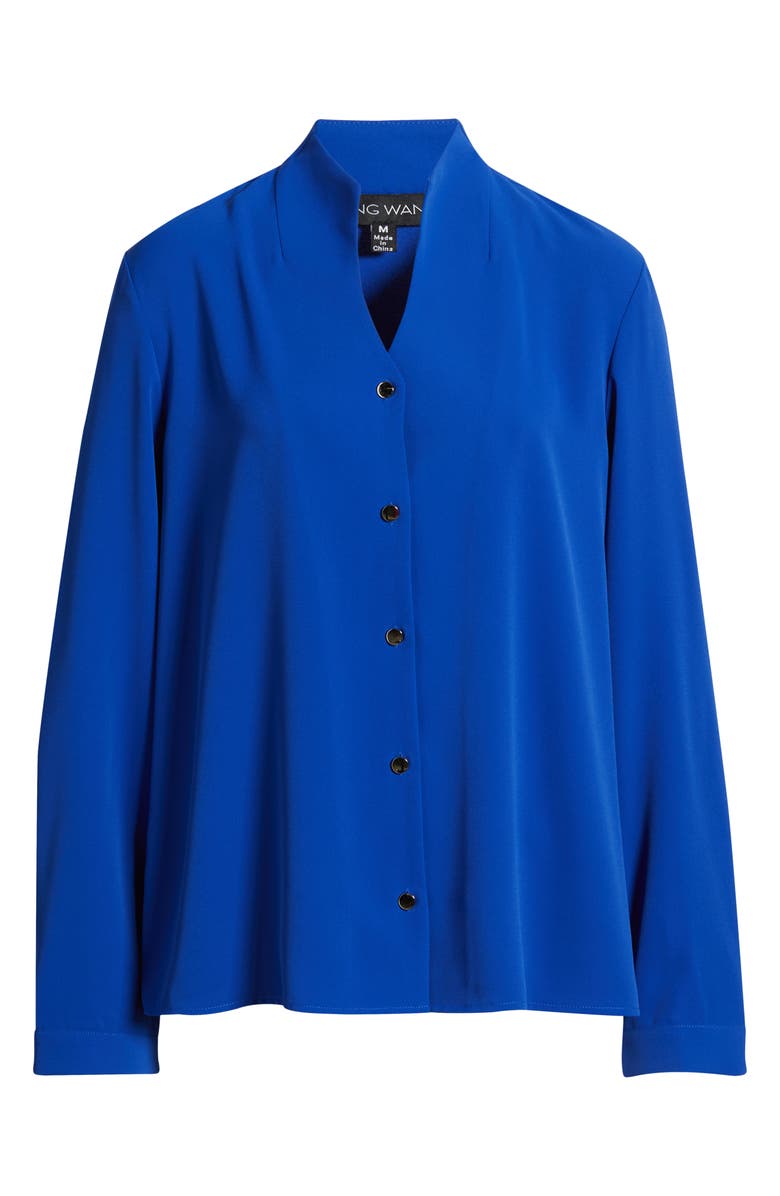 Ming Wang Crêpe de Chine Stand Collar Button-Up Shirt, Alternate, color, Sapphire Sea