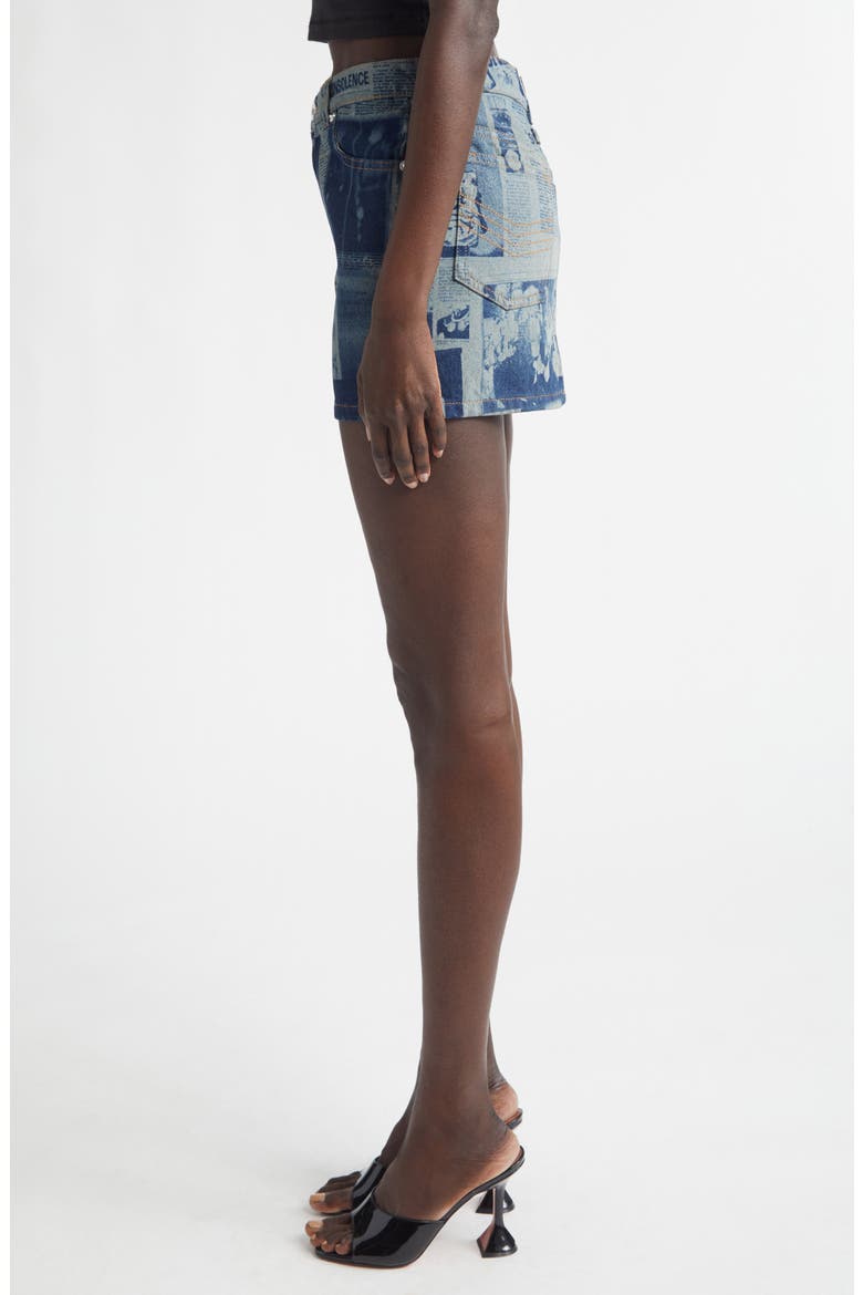 Newspaper Print Denim Miniskirt, Alternate, color, INDIGO/ BEIGE