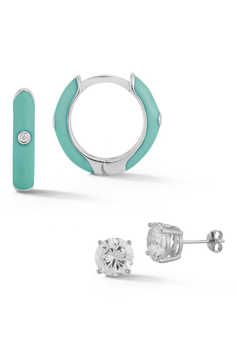 2-Piece Enamel Huggie & Stud Earring Set, Main, color, SILVER