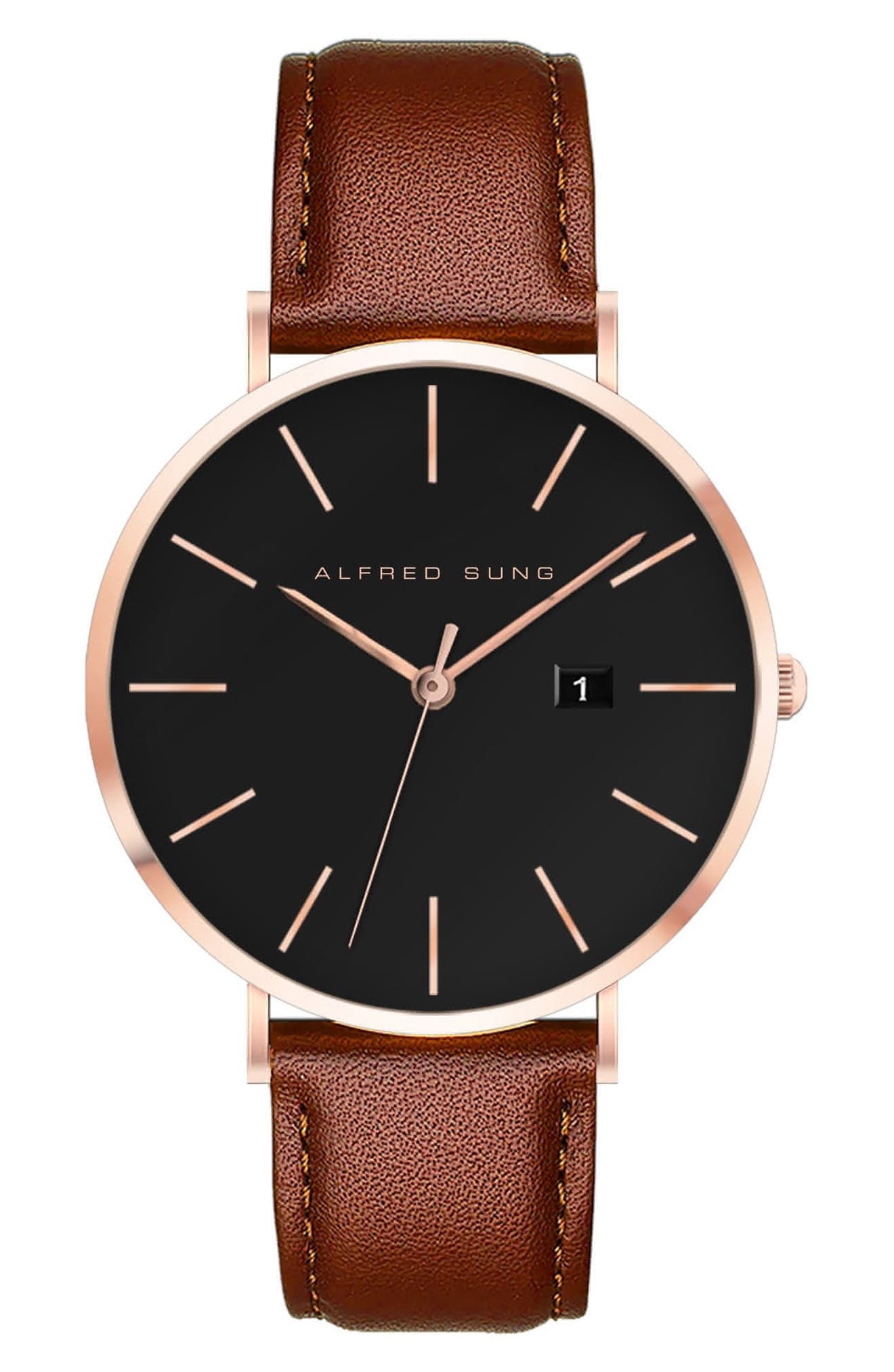 Alfred Sung Metropolitan Leather Strap Watch, 42mm