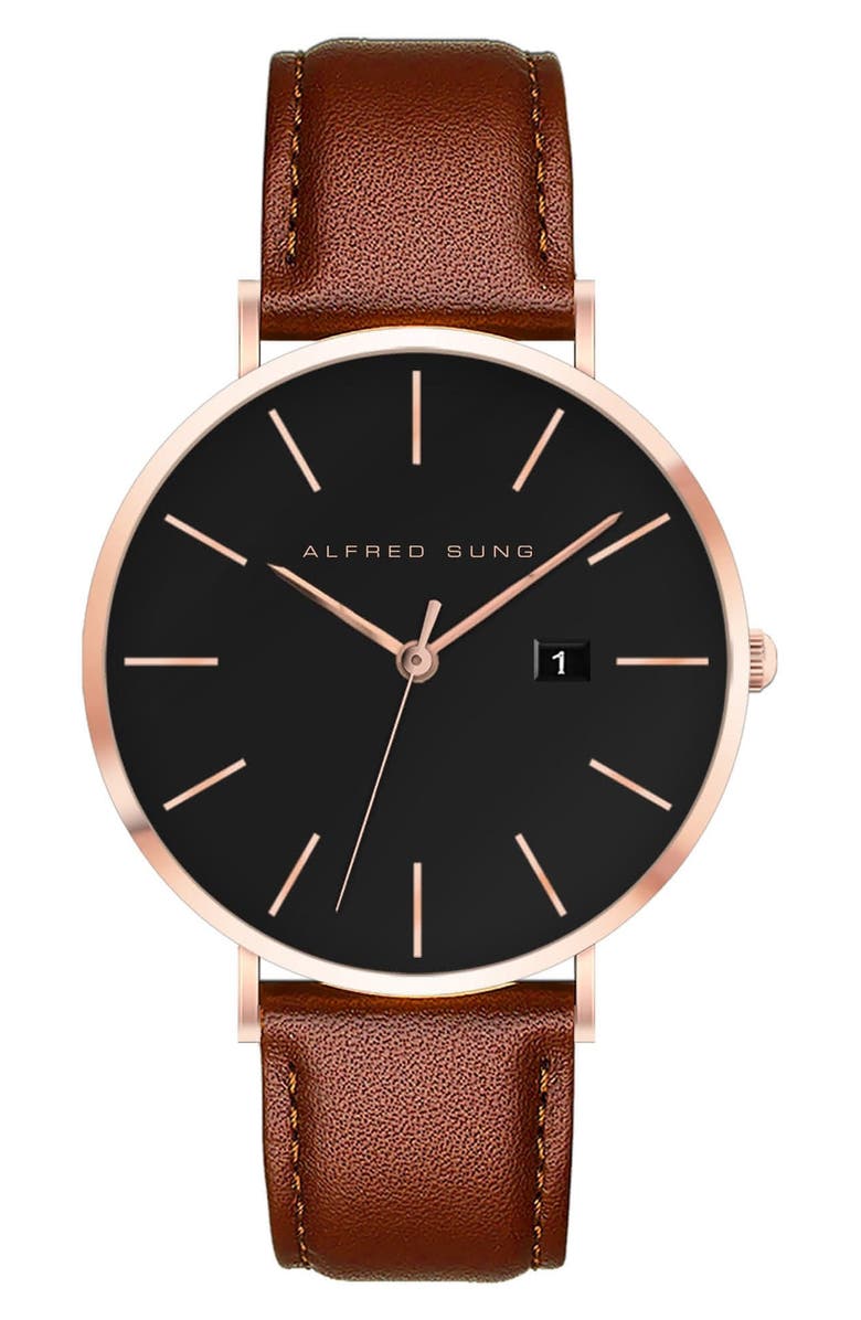 Alfred Sung Metropolitan Leather Strap Watch, 42mm, Main, color, Brown
