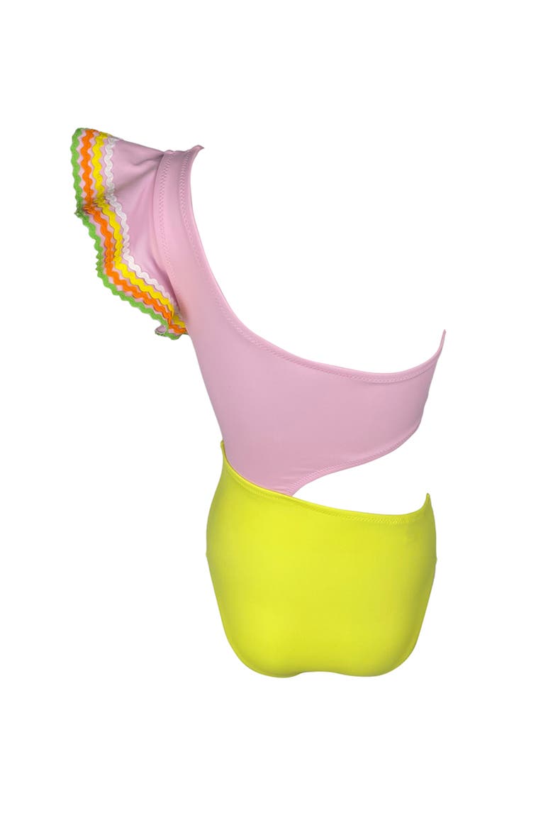 One Shoulder Ruffle Ric-Rac Trim Cut-Out Design One Piece Swimsuit, Little Kid-Big Kid, Alternate, color, Pink