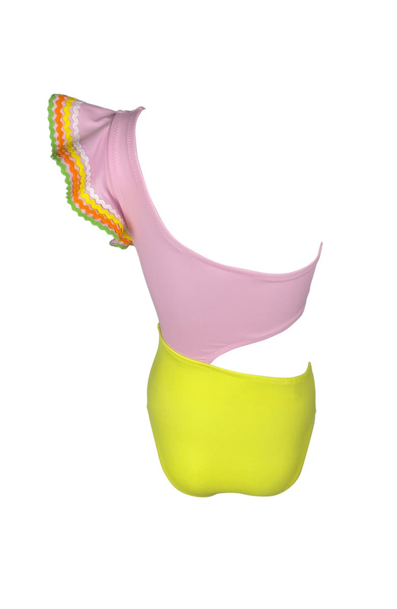NESSI BYRD One Shoulder Ruffle Ric-Rac Trim Cut-Out Design One Piece Swimsuit, Little Kid-Big Kid, Alternate, color, Pink
