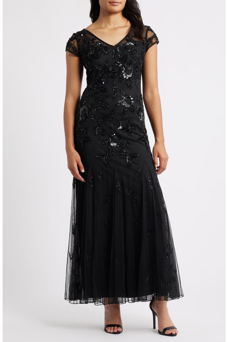 pisarro nights beaded illusion dress Pisarro Nights Plus Size Illusion Neckline Short Sleeve Mesh Beaded Long  Gown