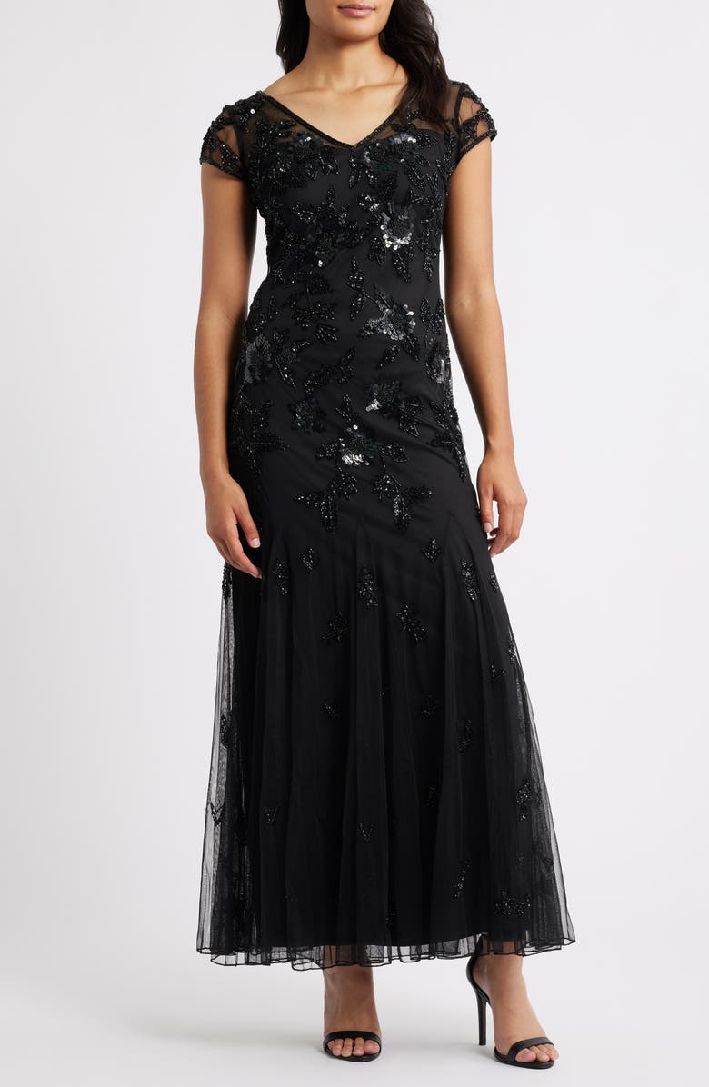 Pisarro Nights Embellished Illusion Sleeve Cocktail Dress, Main, color, Black