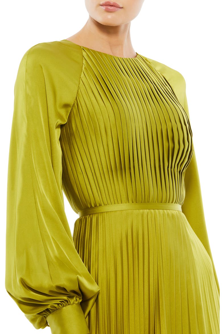 Pleated High Neck Raglan Long Sleeve Side Slit Gown, Alternate, color, APPLE GREEN