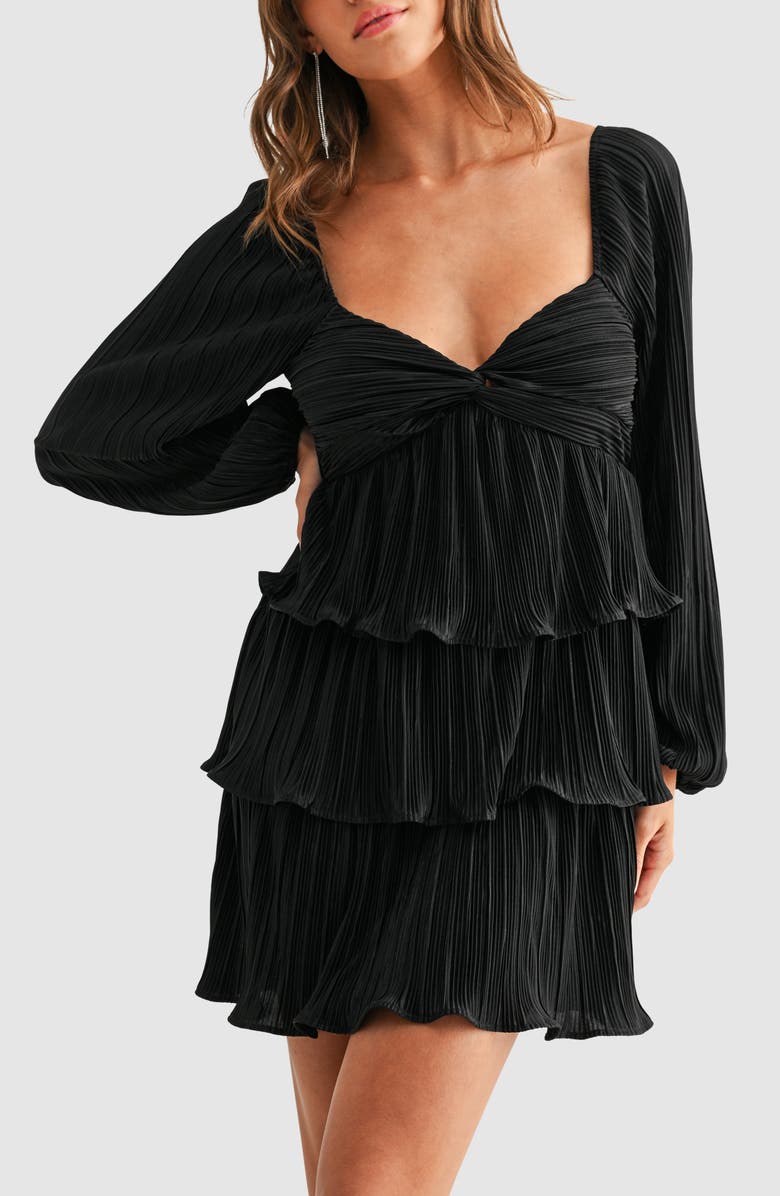 Lush Tiered Long Sleeve Plissé Dress, Alternate, color, Black