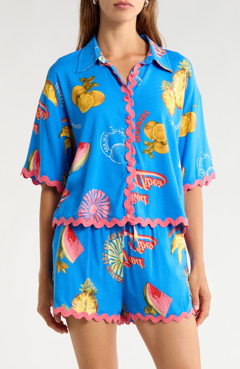 SUGARLIPS Maury Postcard Marnie Button-Up Shirt, Main, color, Cobalt-Combo