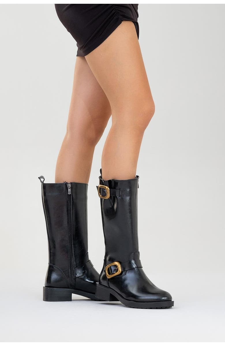 Prologue Shoes Grand Buckled Boot, Alternate, color, Black Faux Leather