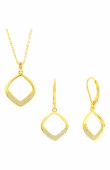 Pavé Cubic Zirconia Cushion Drop Earrings & Pendant Necklace Set