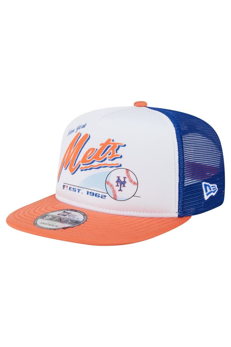 Men's New Era White/Orange New York Mets Retro Script Trucker 9FIFTY Snapback Hat, Main, color, White