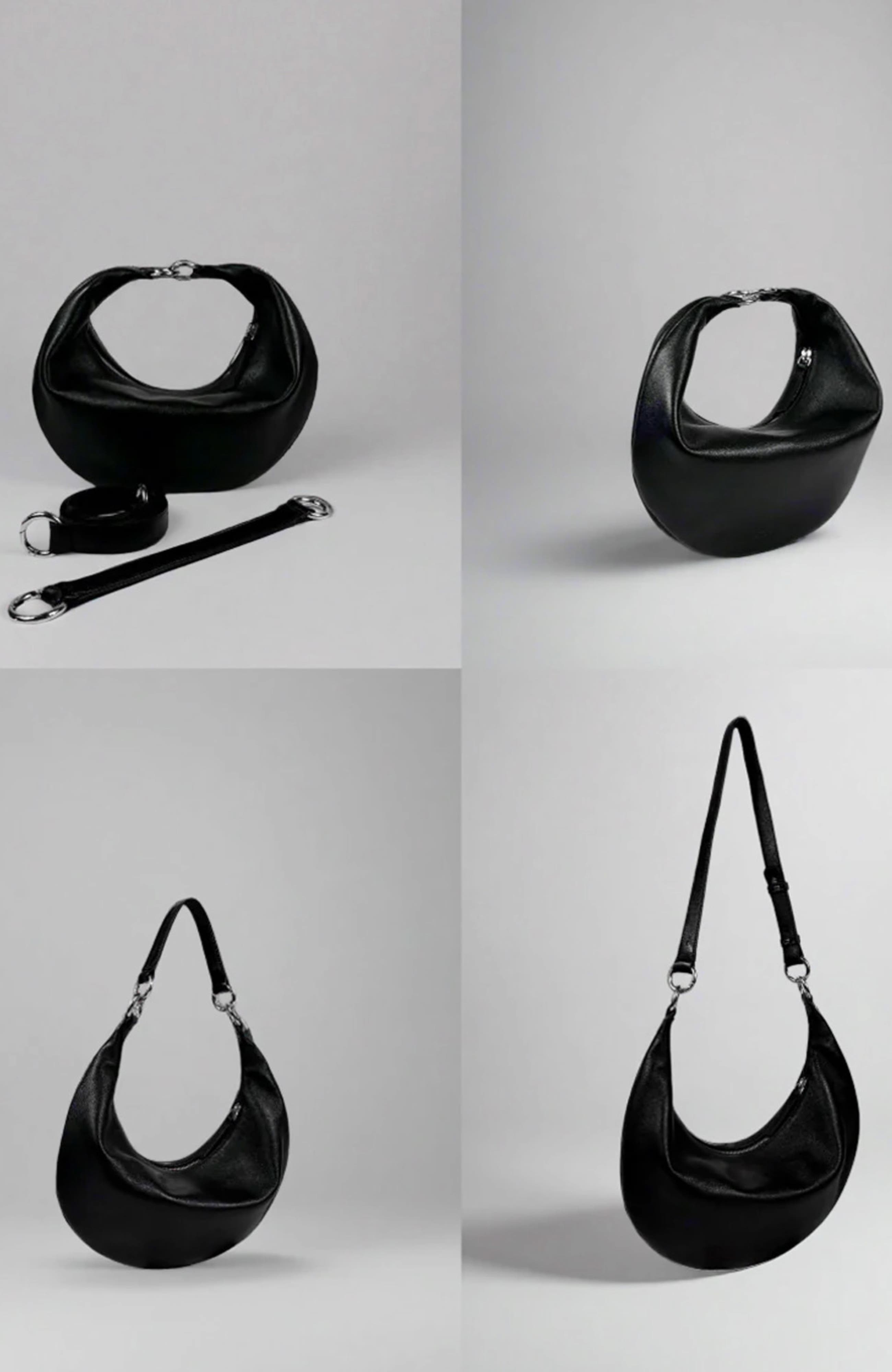 HYER GOODS Small Leather Convertible Hobo Crescent  Ring Bag, Alternate, color, Black/Silver