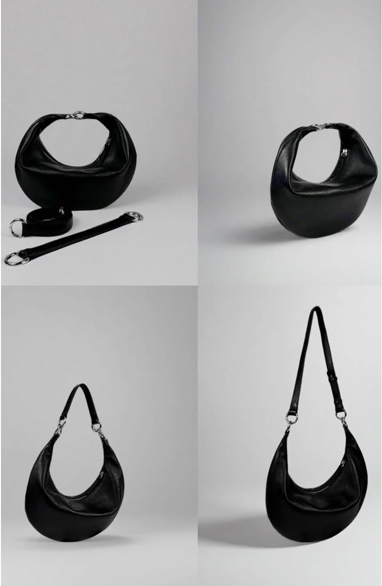HYER GOODS Small Leather Convertible Hobo Crescent Ring Bag, Alternate, color, Black/Silver