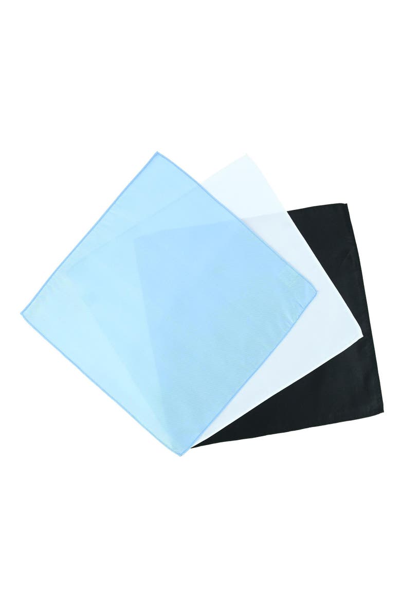 The Gatsby 12 inch Solid Silk Pocket Square Trio, Alternate, color, Black, Light Blue, White