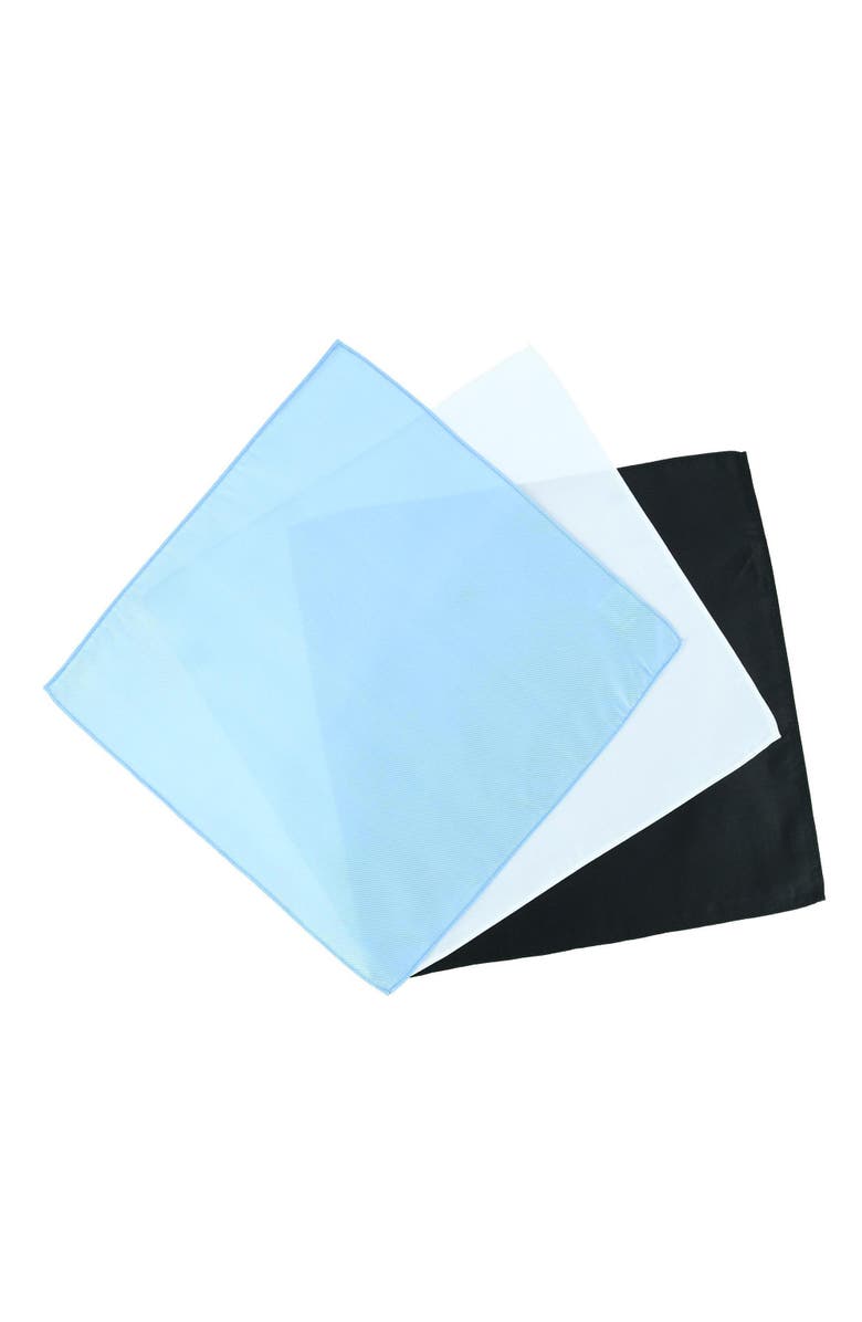 Trafalgar The Gatsby 12 inch Solid Silk Pocket Square Trio, Alternate, color, Black, Light Blue, White