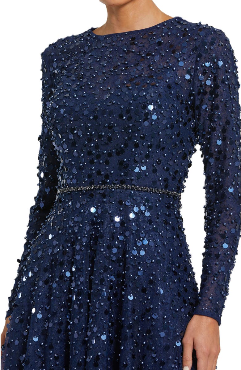 Mac Duggal Disc Embellished Sequin Gown with Feather Detail, Alternate, color, Midnight