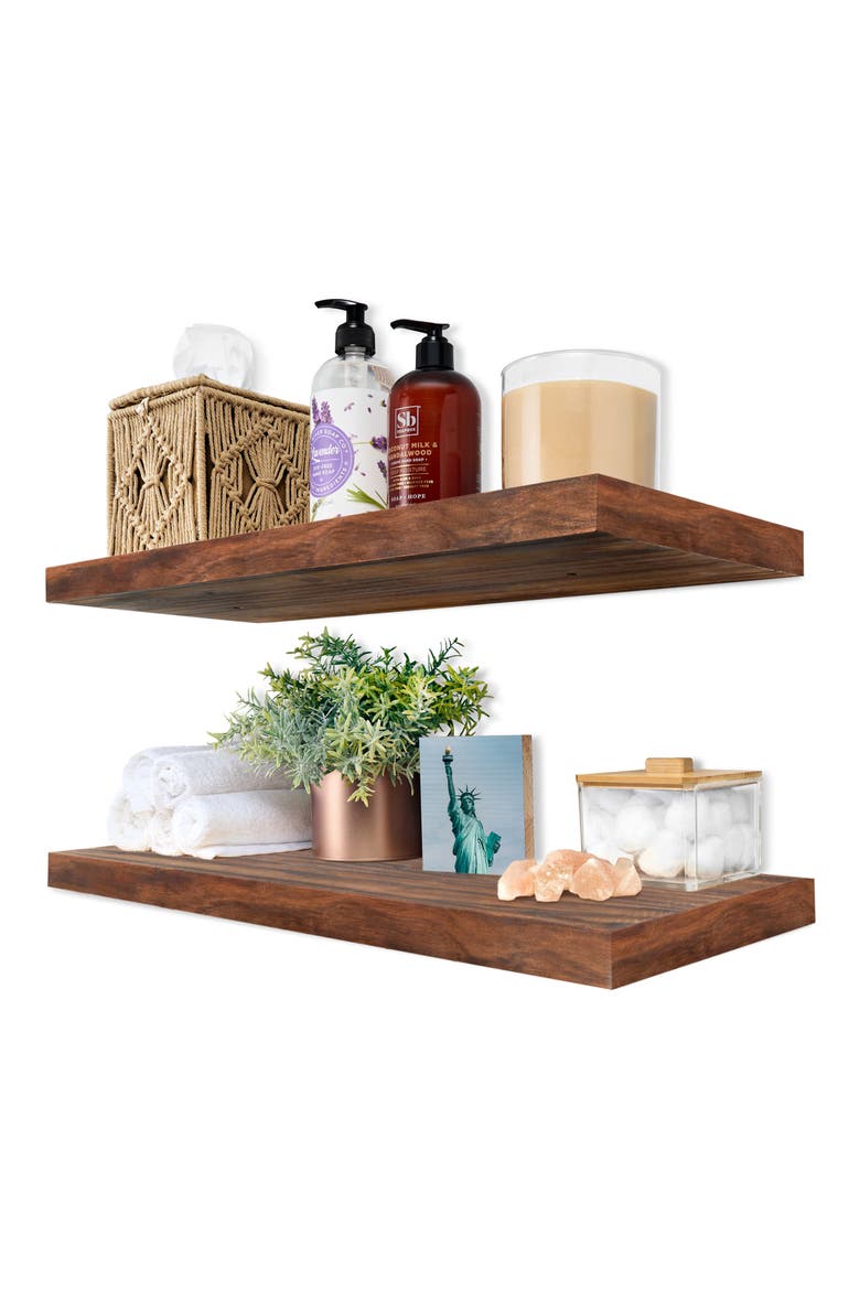 Set of 2 24-Inch Solid Wood Floating Shelves, Alternate, color, BROWN