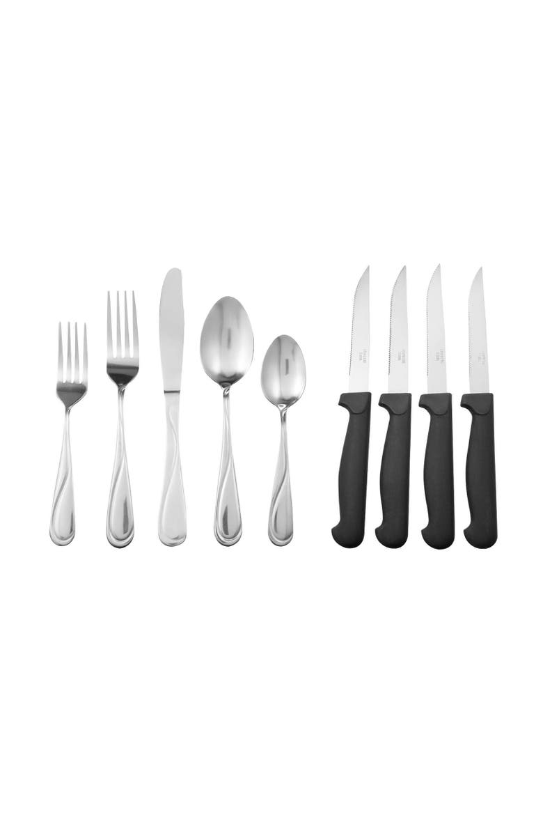 Trillium Plus 24 Piece Stainless Steel Flatware Set with 4 Steak Knives, Alternate, color, Silver