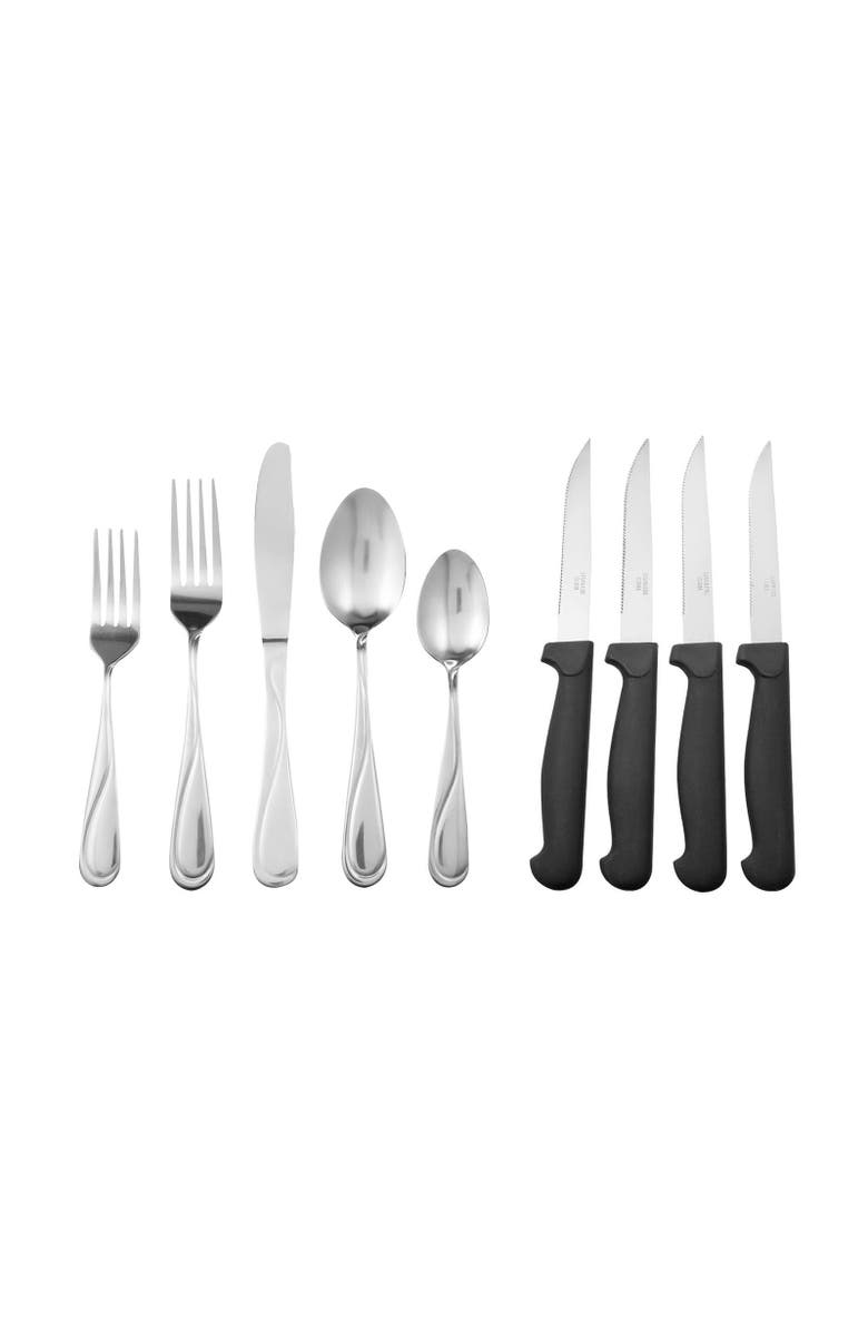Gibson Home Trillium Plus 24 Piece Stainless Steel Flatware Set with 4 Steak Knives, Alternate, color, Silver