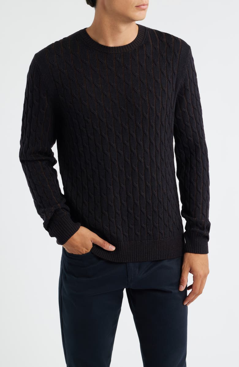 Jack Victor Crewneck Merino Wool Cable Sweater, Main, color, Navy
