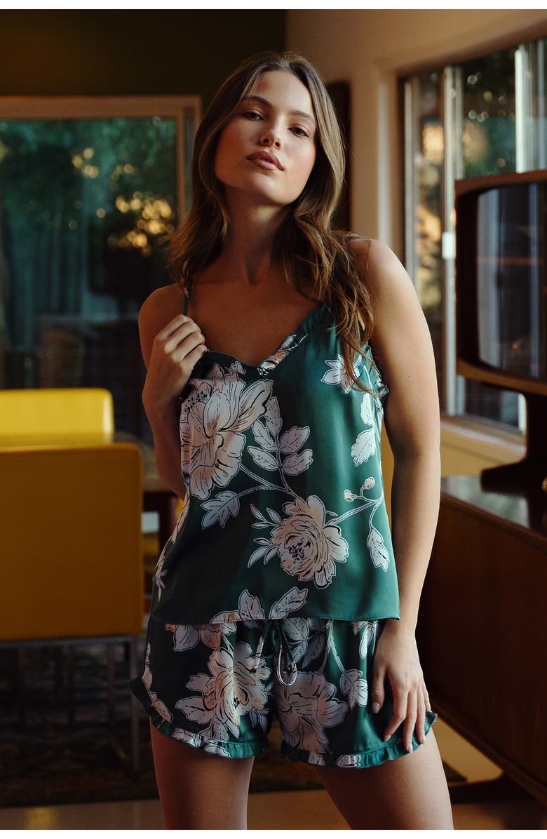 Midnight Bakery Fiji Floral Ruffle Trim Print Satin Short Pajamas, Alternate, color, 