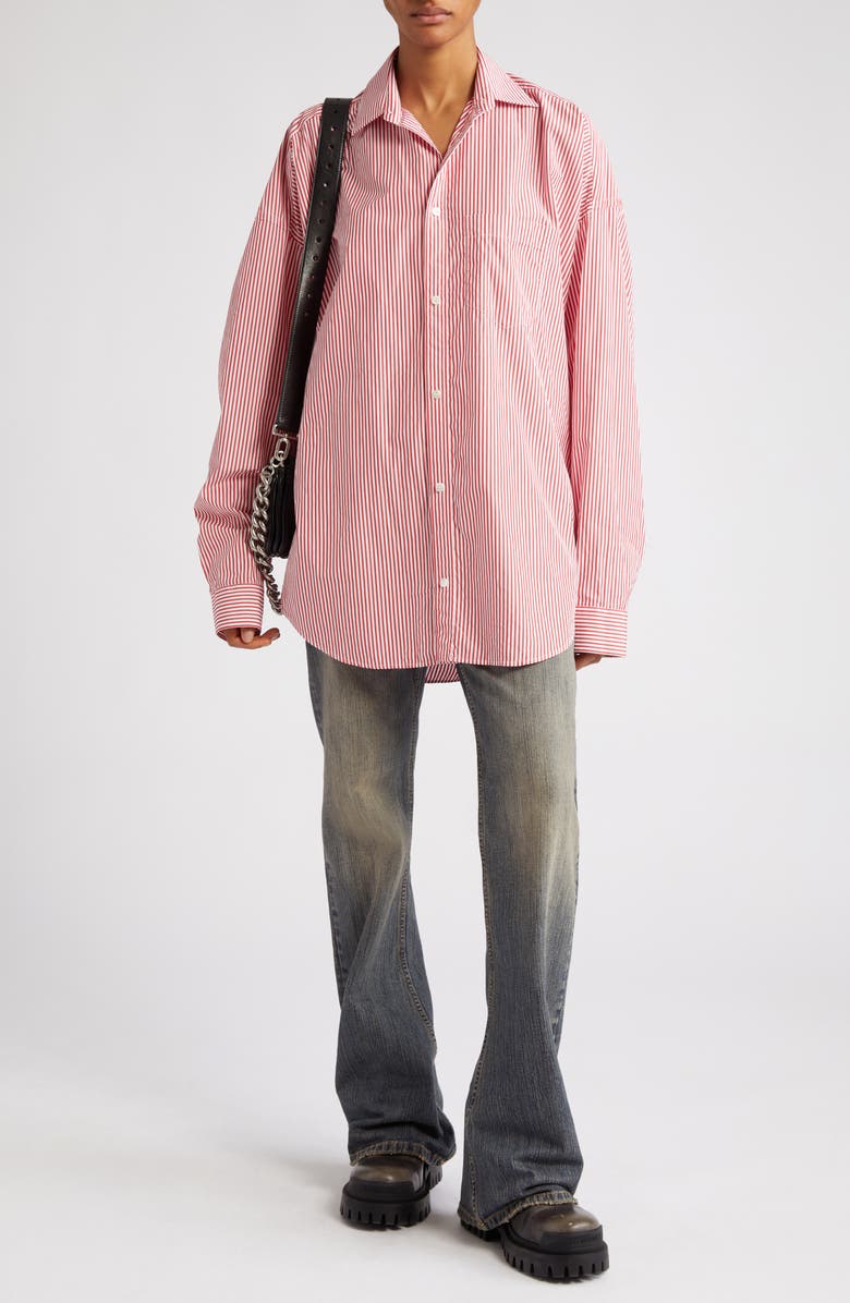 Balenciaga Oversize Logo Stripe Cotton Button-Up Cocoon Shirt, Alternate, color, 