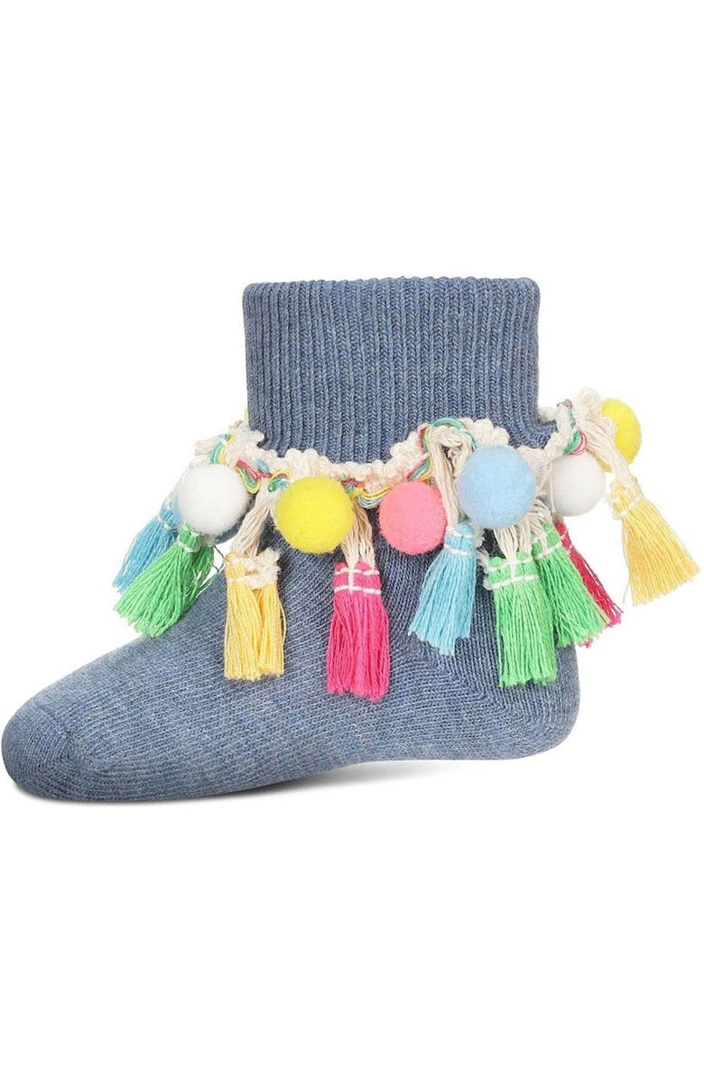 MeMoi Pom-Pom-Palooza Ankle Socks, Main, color, Denim