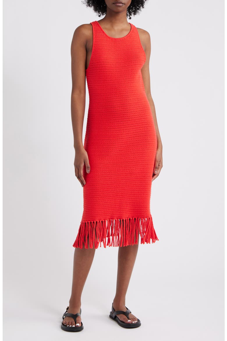 Nia Fringe Hem Sleeveless Cotton Blend Sweater Midi Dress, Main, color, CHERRY