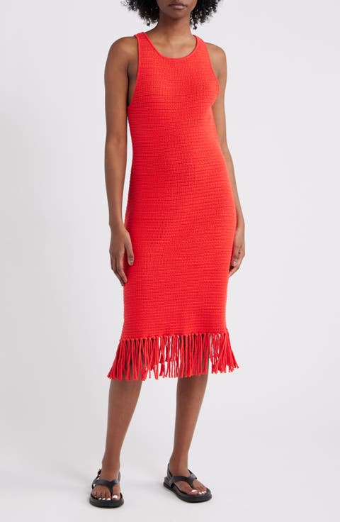 Nia Fringe Hem Sleeveless Cotton Blend Sweater Midi Dress