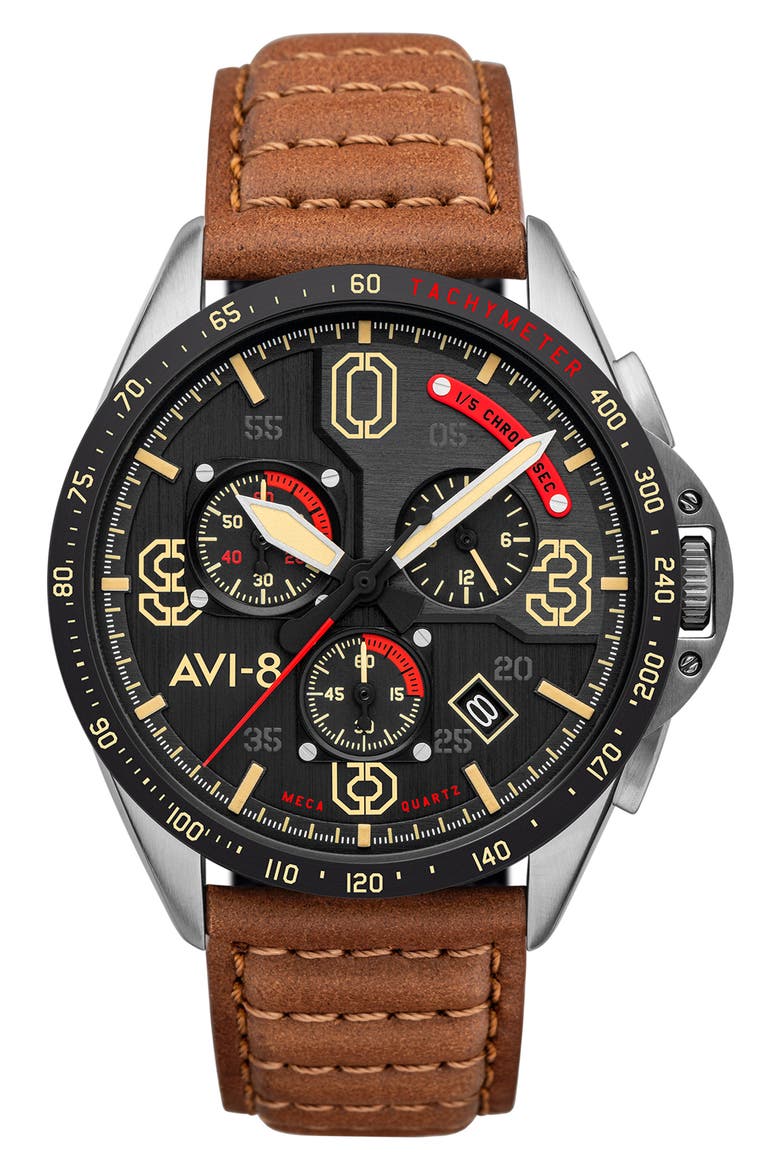 P-51 Mustang Blakeslee Chronograph Leather Strap Watch, 43mm, Main, color, BLACK