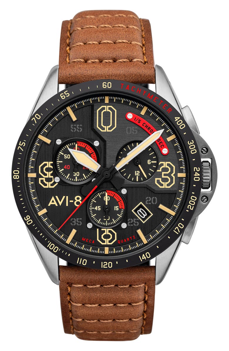 AVI-8 P-51 Mustang Blakeslee Chronograph Leather Strap Watch, 43mm, Main, color, Black