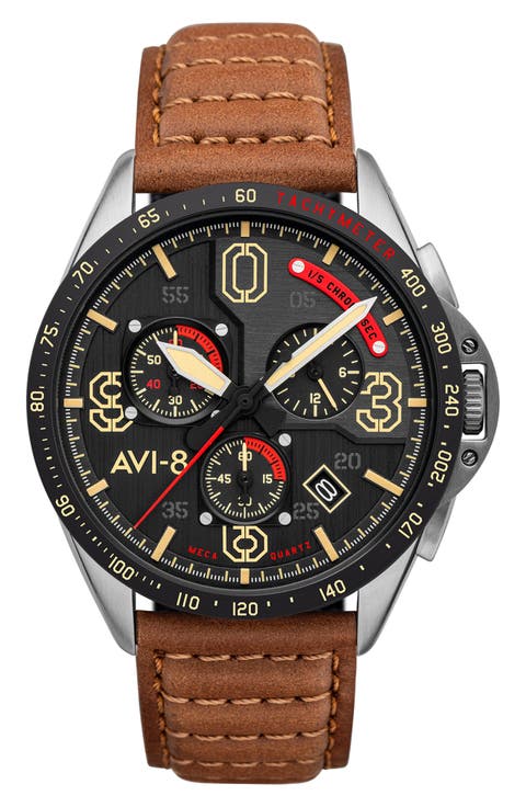 P-51 Mustang Blakeslee Chronograph Leather Strap Watch, 43mm